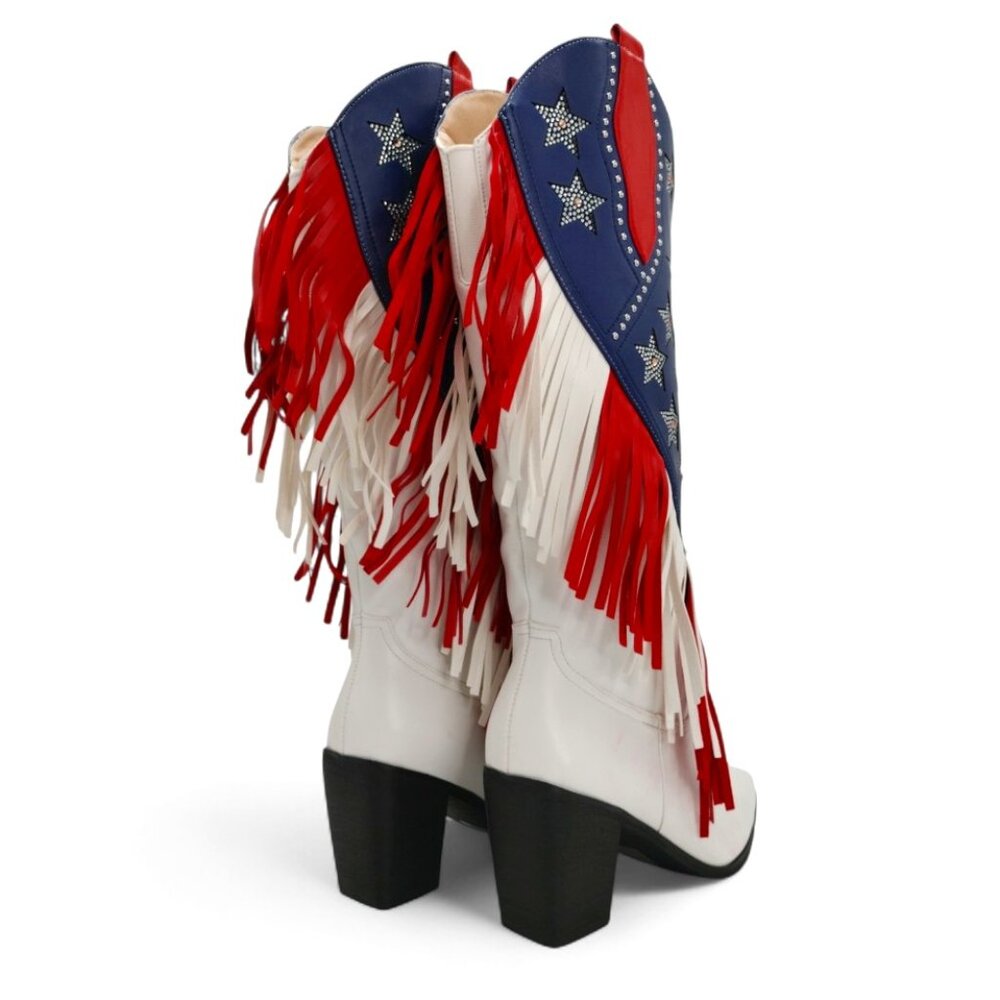 American Flag Size 11 Rhinestone Stars Fringe Knee High Block Heel Western Boot - Picture 9 of 16